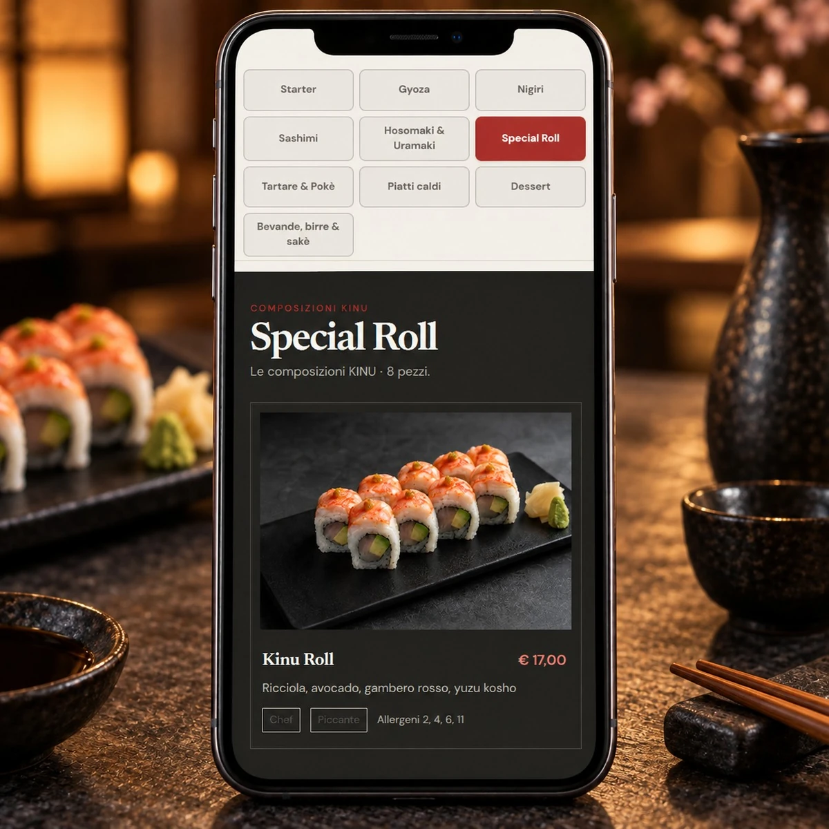 Menu QR Code per Ristoranti Sushi - Piatti, prezzi e allergeni - mockup dimostrativo