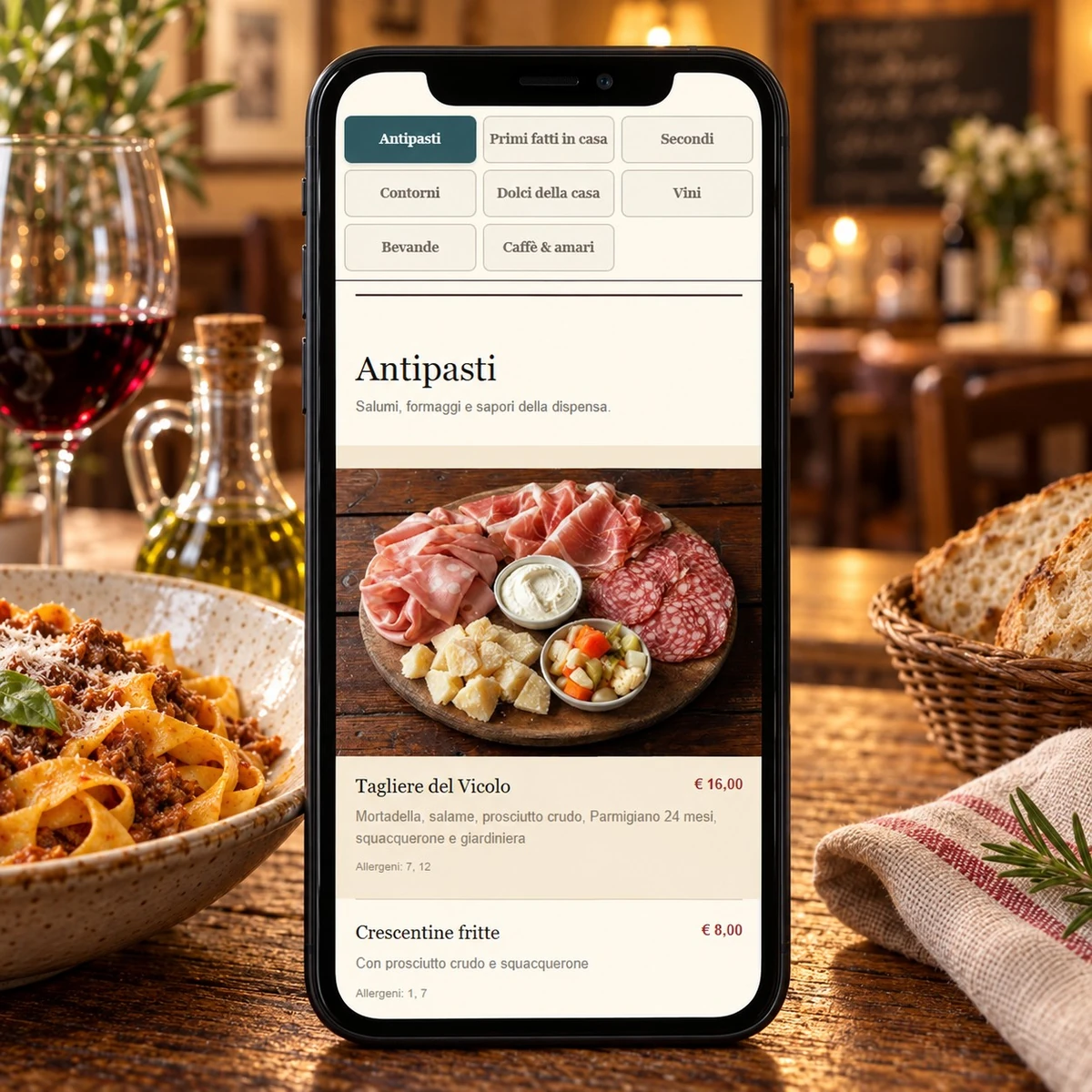 Menu QR Code per Trattorie - Piatti, prezzi e allergeni - mockup dimostrativo