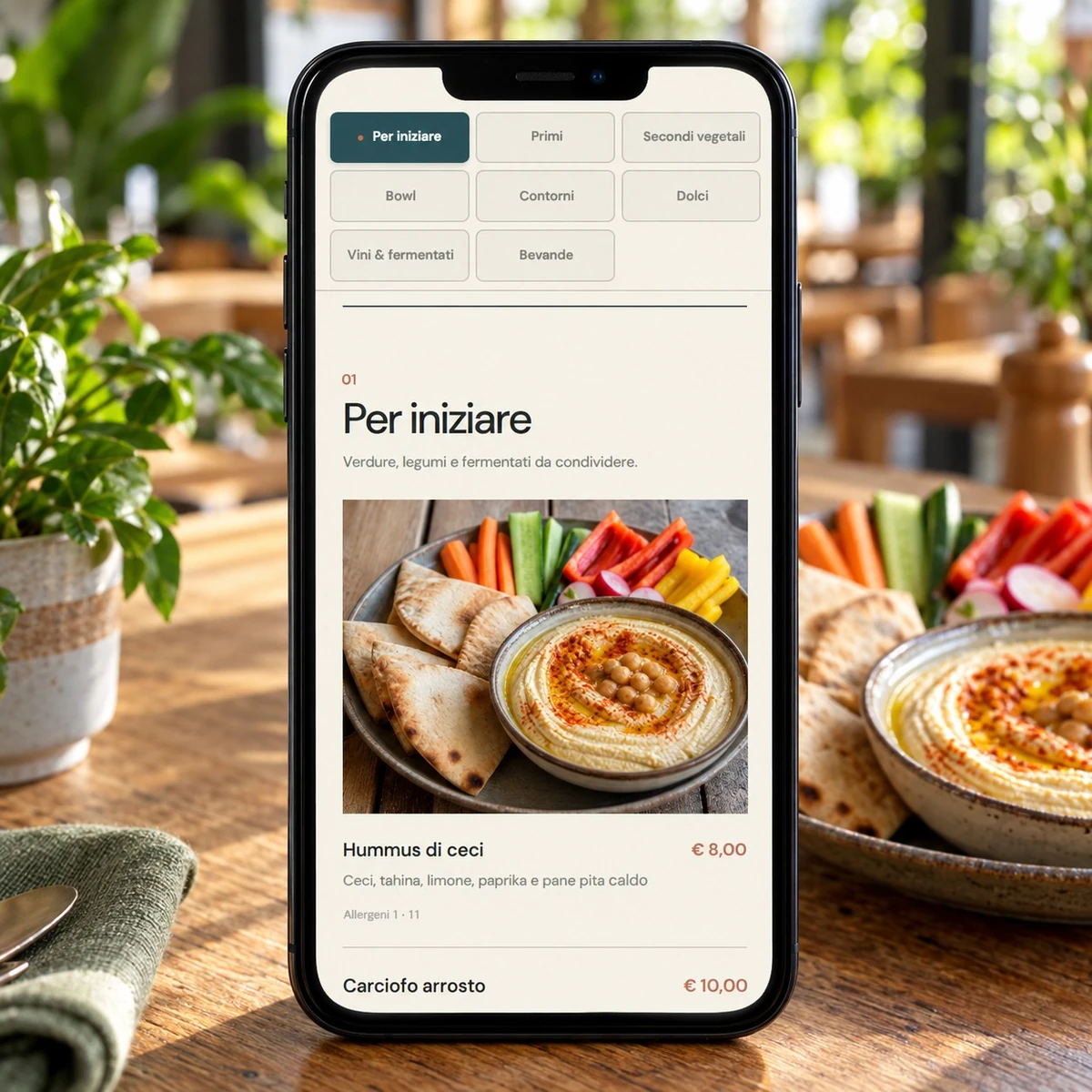 Menu QR Code per Ristoranti Vegani - Piatti, prezzi e allergeni - mockup dimostrativo
