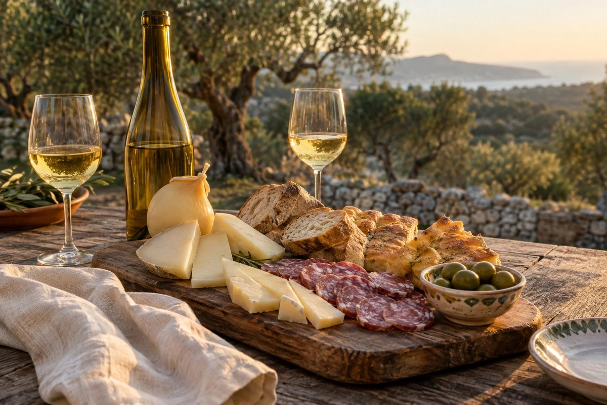 Aperitivo con prodotti tipici e vino - immagine illustrativa generata con AI