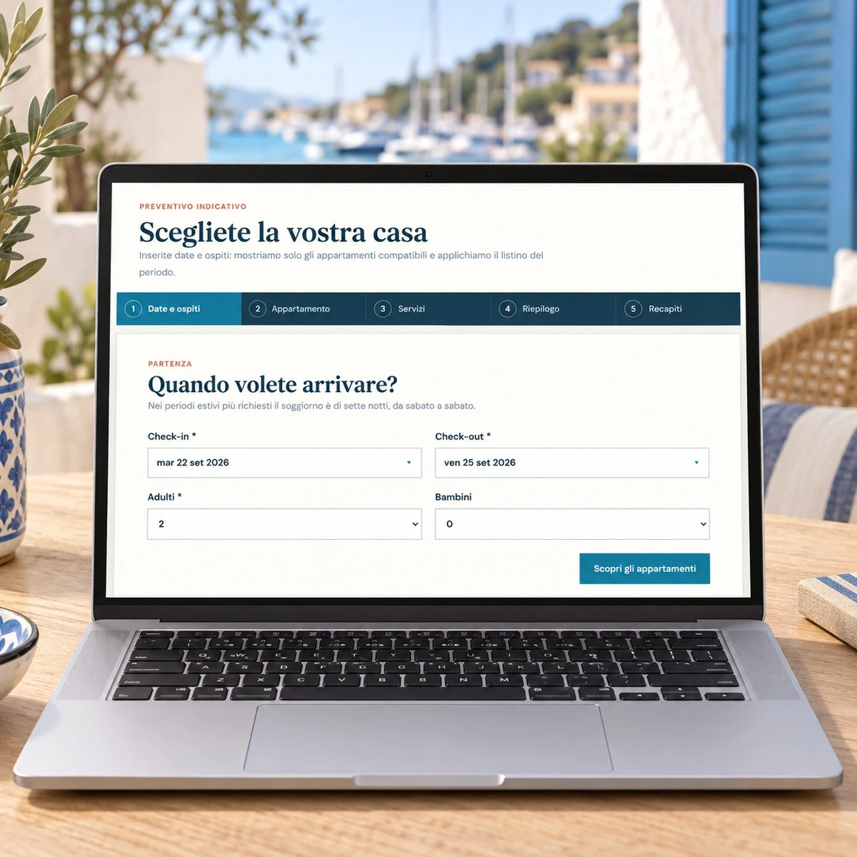 Preventivatore appartamenti - Date e ospiti su notebook - mockup dimostrativo