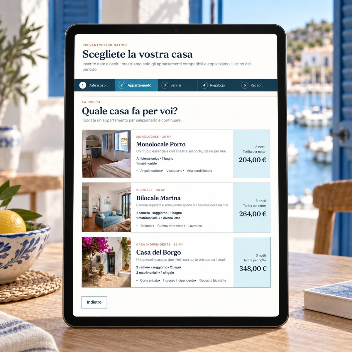 Preventivatore appartamenti - Sistemazioni su tablet - mockup dimostrativo