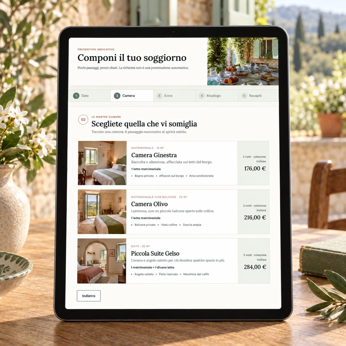 Preventivatore B&B - Scelta della camera su tablet - mockup dimostrativo