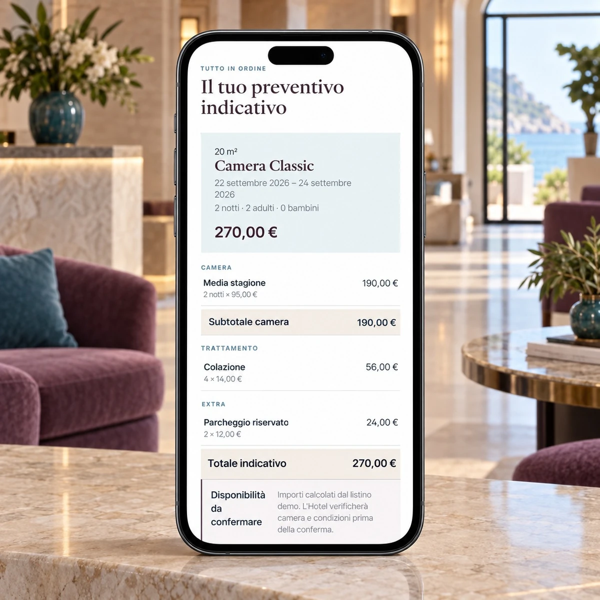 Preventivatore hotel - Preventivo indicativo su smartphone - mockup dimostrativo