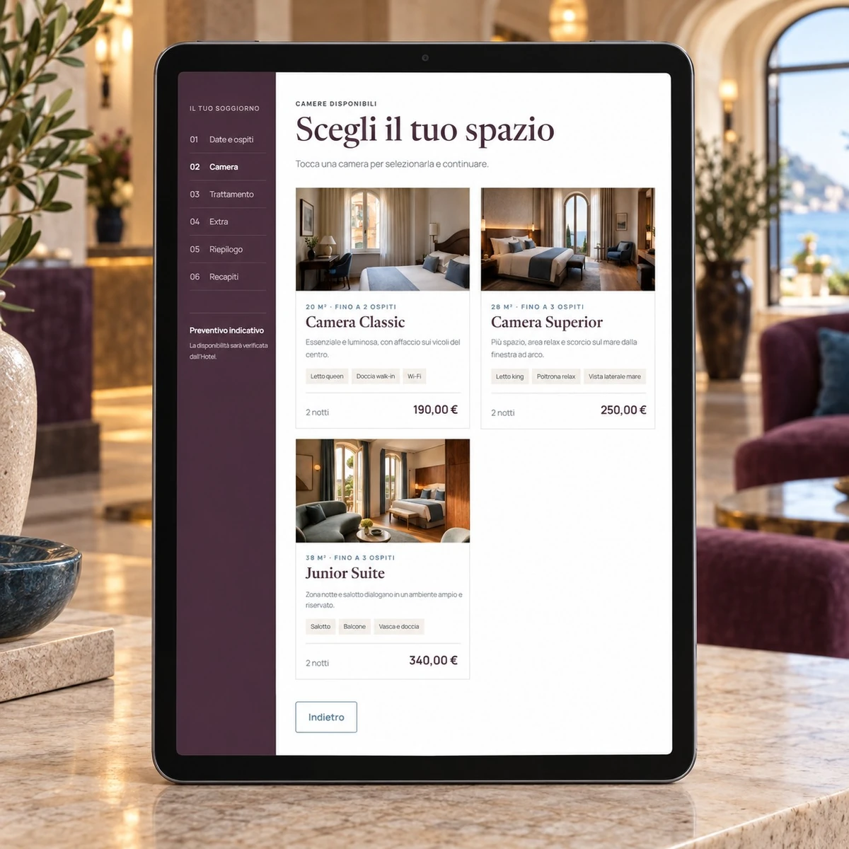 Preventivatore hotel - Sistemazioni su tablet - mockup dimostrativo