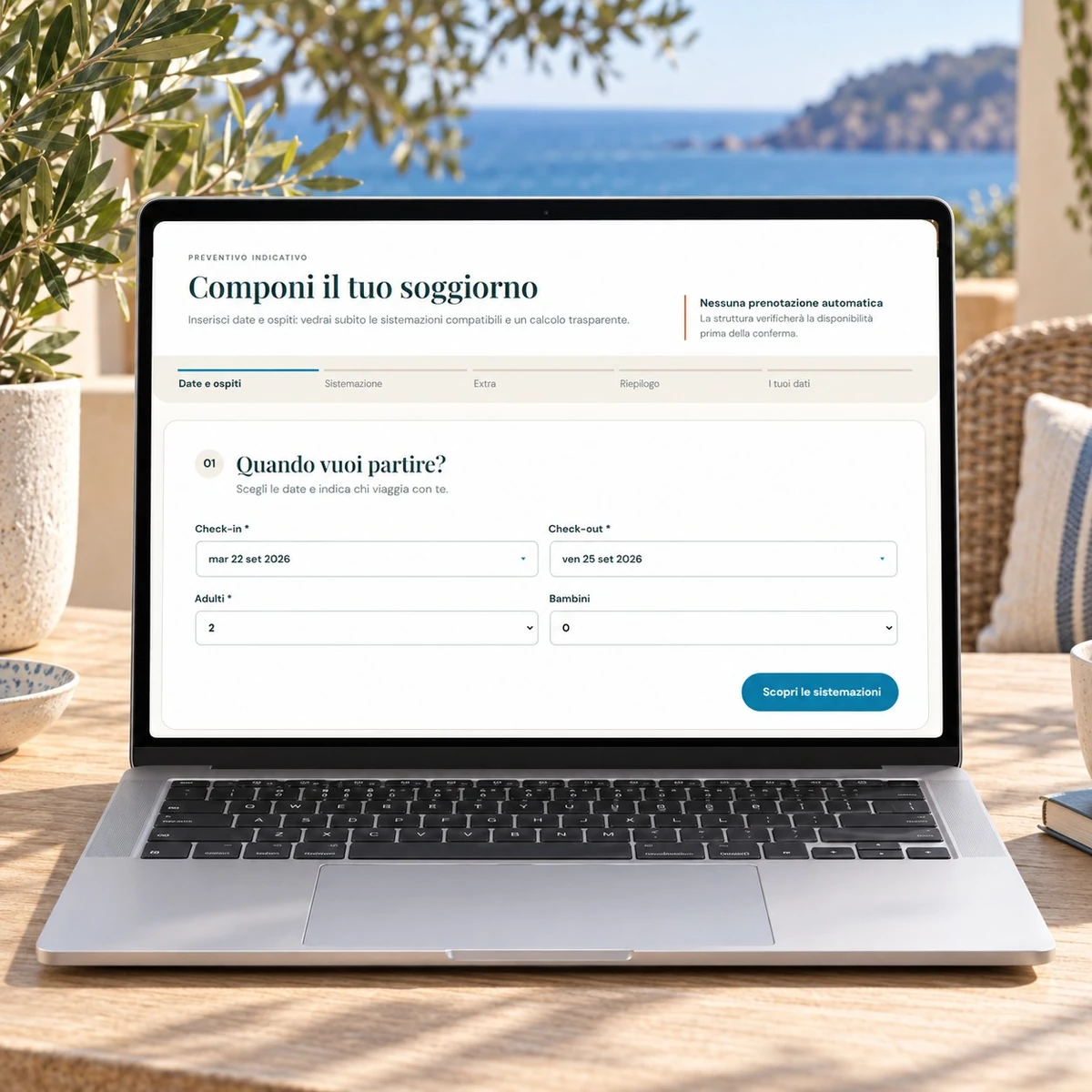 Preventivatore residence - Date e ospiti su notebook - mockup dimostrativo