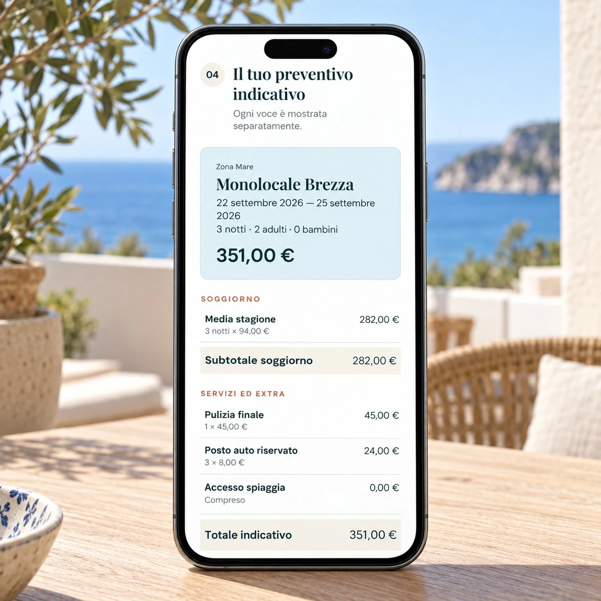 Preventivatore residence - Preventivo indicativo su smartphone - mockup dimostrativo