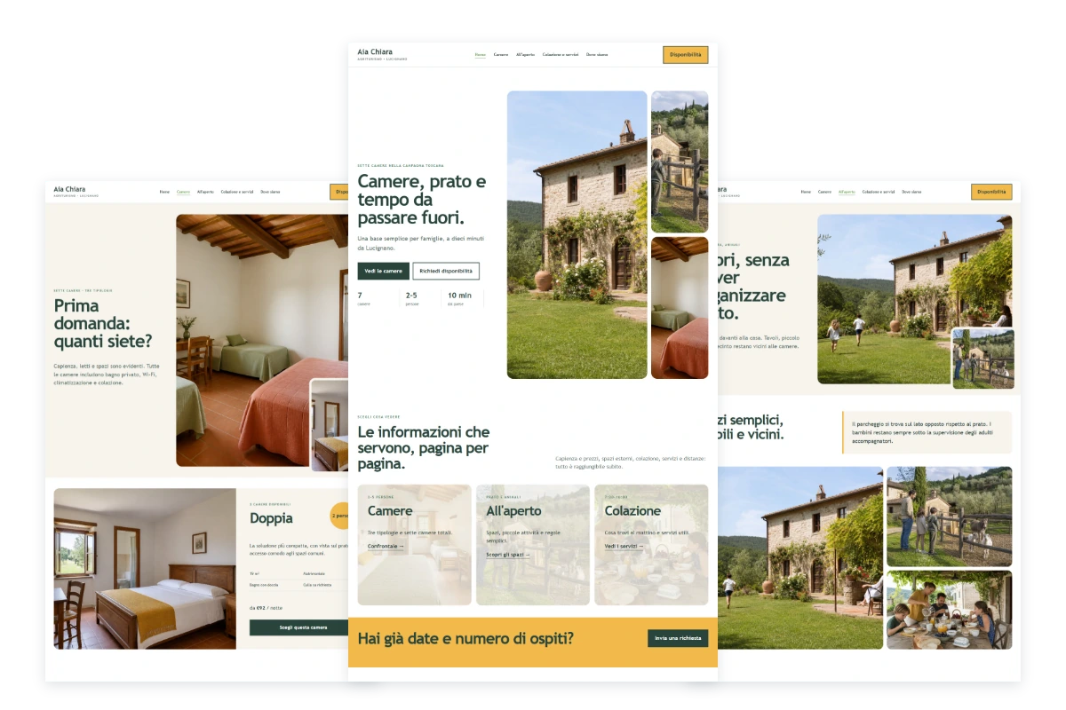Sito Web professionale Aia Chiara: homepage, camere e presentazione della struttura