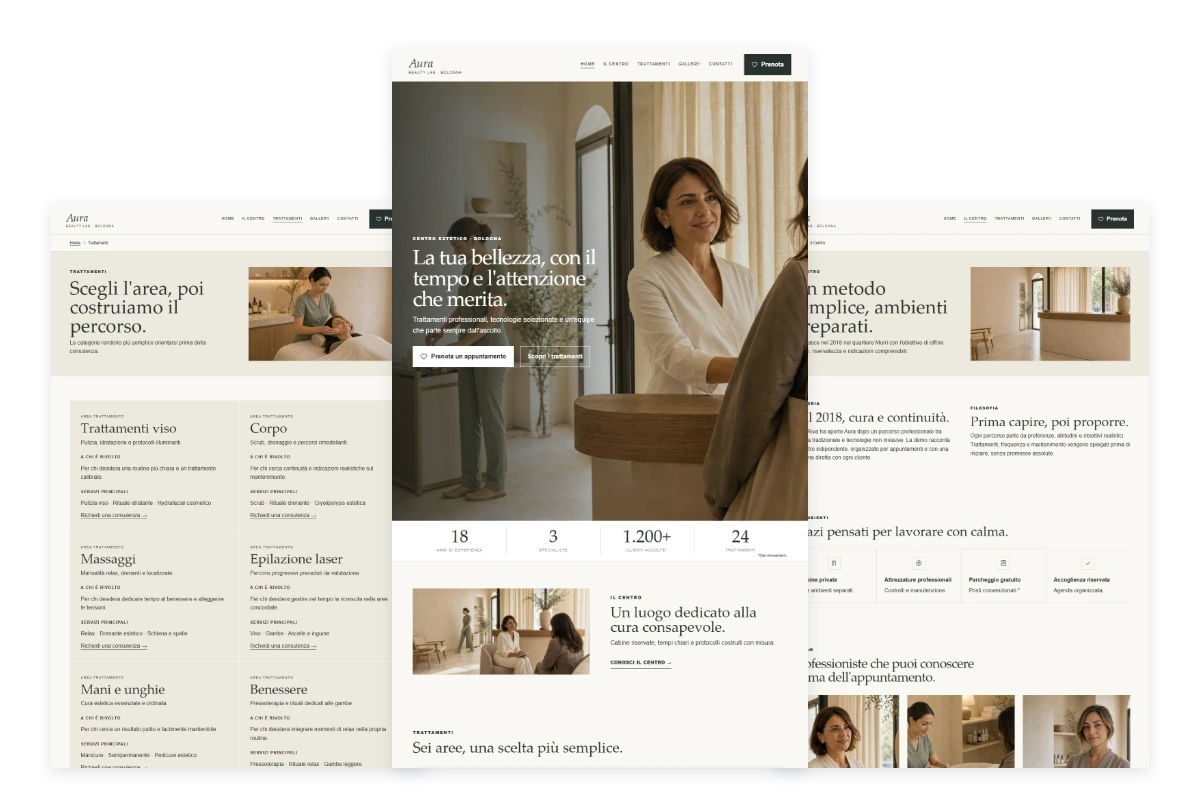 Sito Web professionale Aura Studio: homepage, trattamenti e centro