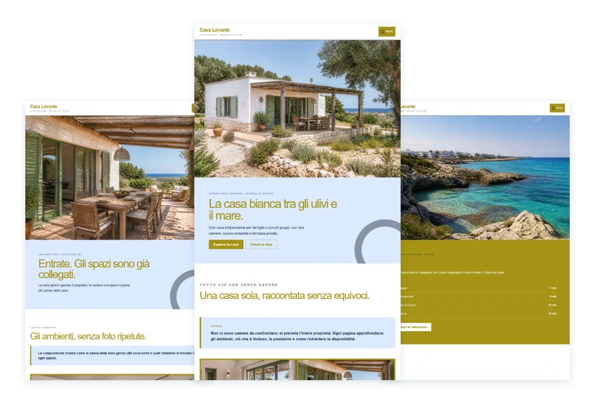 Sito Web professionale Casa Levante: homepage, ambienti della casa e territorio