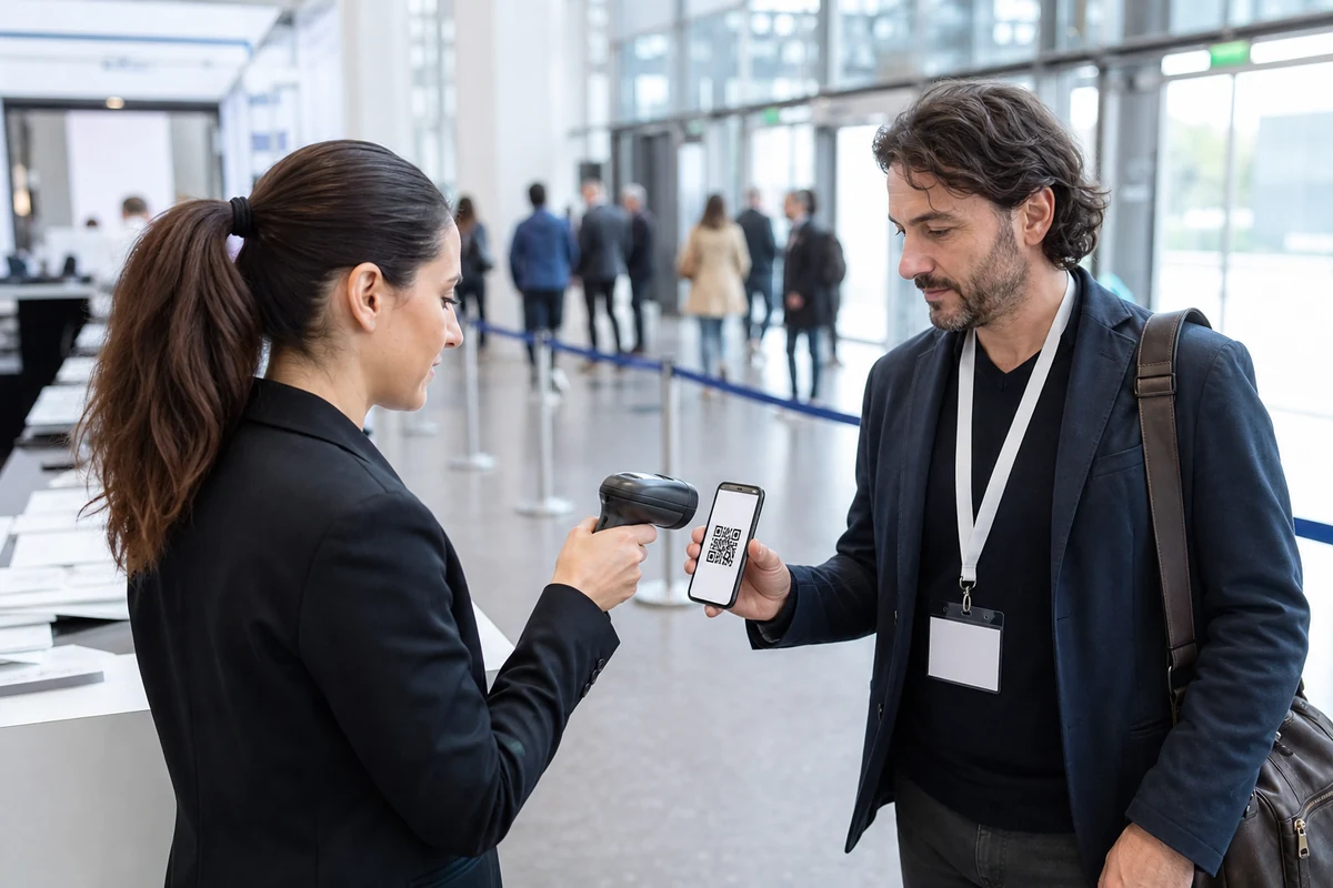 Partecipante che mostra il pass QR allo staff all'ingresso di una fiera