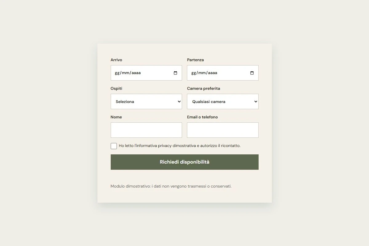 Sito Web professionale Le Tre Finestre: modulo di richiesta disponibilità