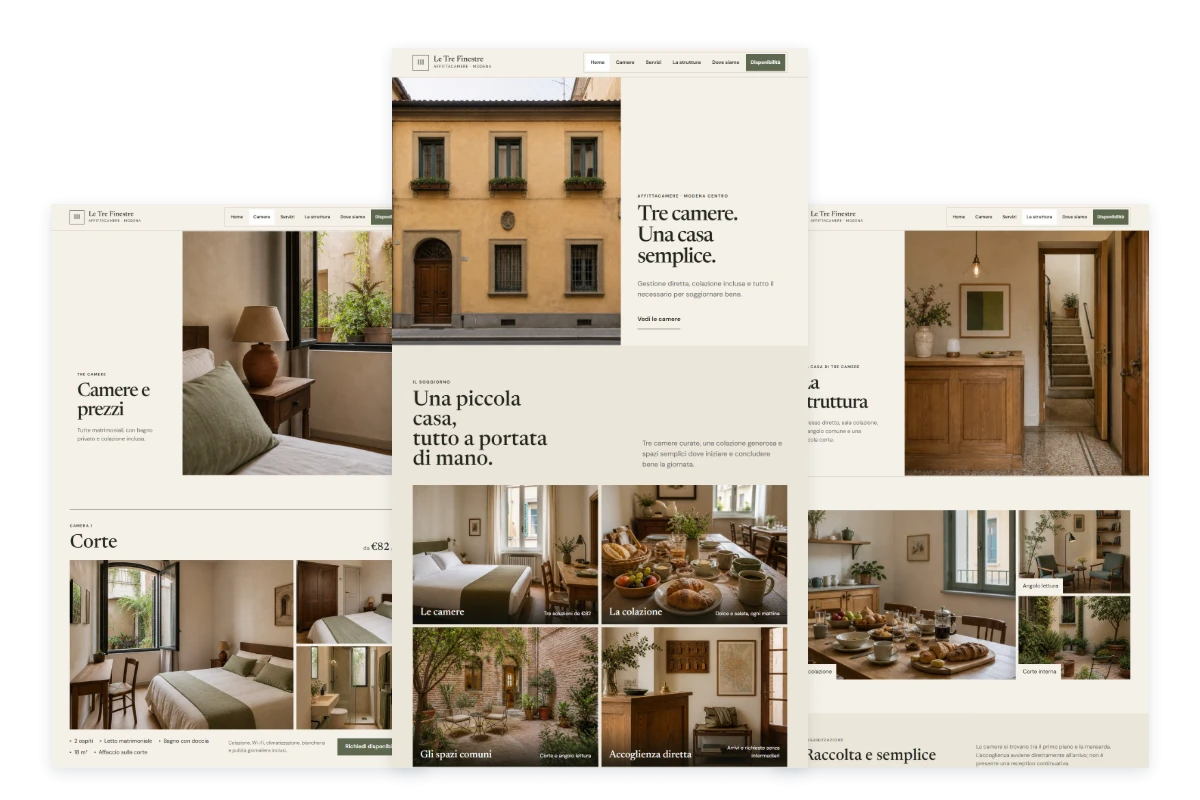 Sito Web professionale Le Tre Finestre: homepage, camere e struttura dell'affittacamere