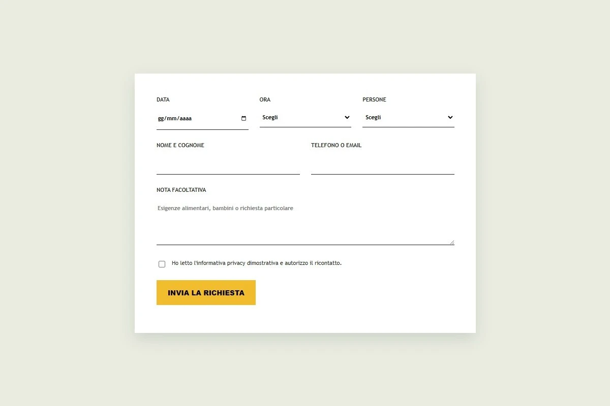Sito Web professionale per ristoranti Orto Alto: modulo per chiedere un tavolo