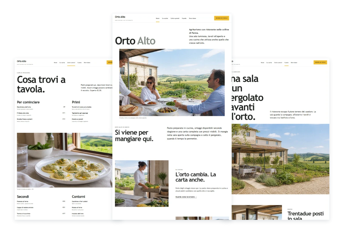 Sito Web professionale per ristoranti Orto Alto: homepage, menu e locale