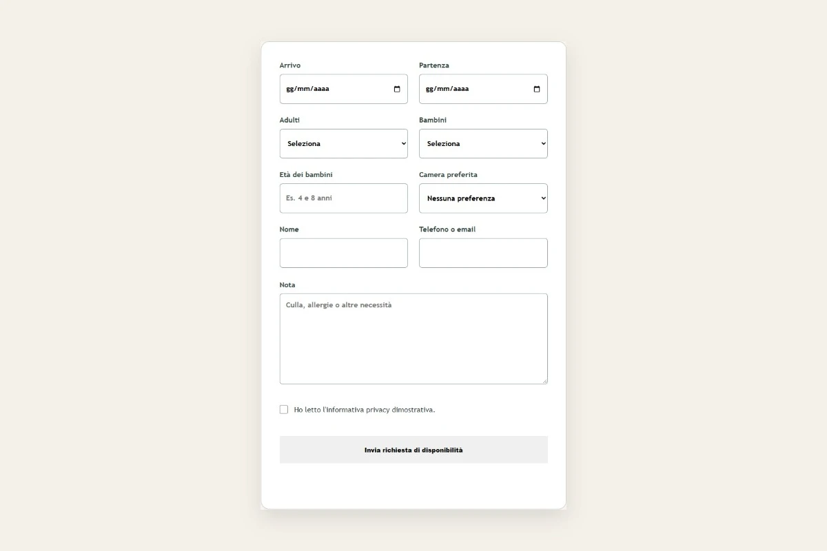 Sito Web professionale Aia Chiara: modulo di richiesta disponibilità