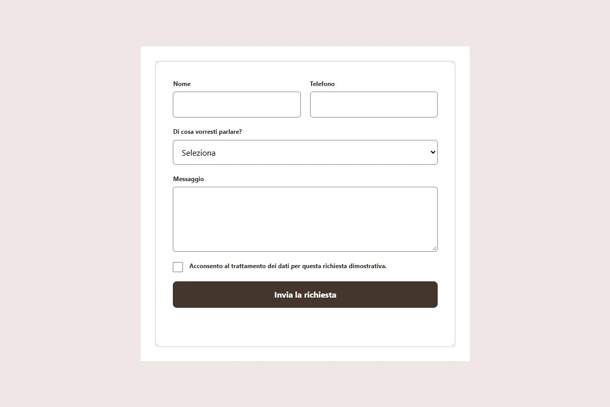 Sito Web professionale Atelier Bellezza: modulo di primo contatto