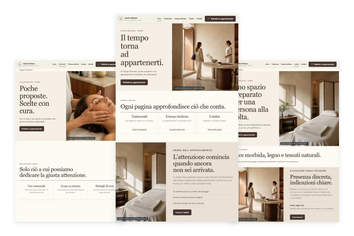 Sito Web professionale Atelier Bellezza: homepage, trattamenti e atelier