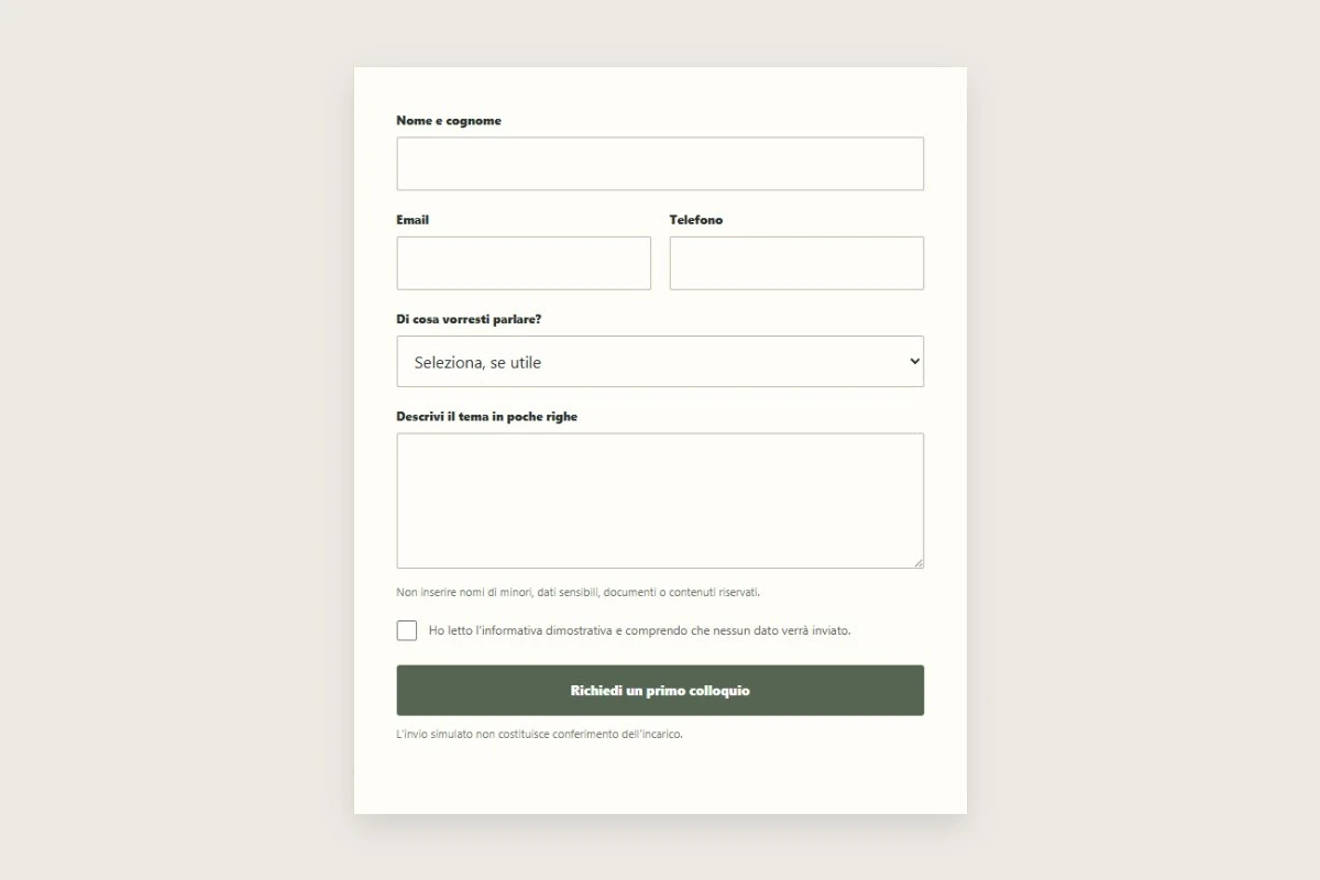 Sito Web professionale Diritto di Famiglia: modulo di primo contatto