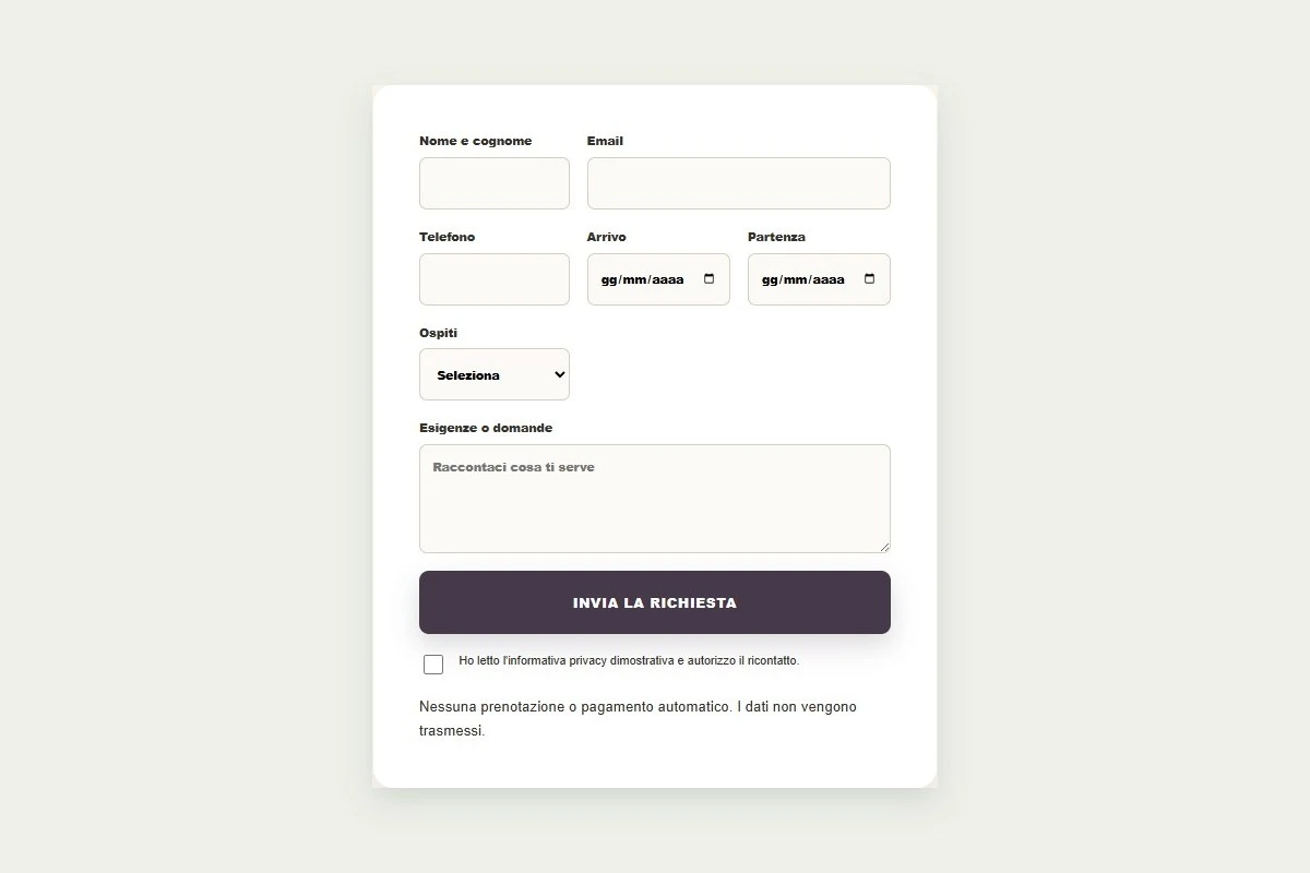Sito Web professionale B&B Clean: modulo di richiesta disponibilità