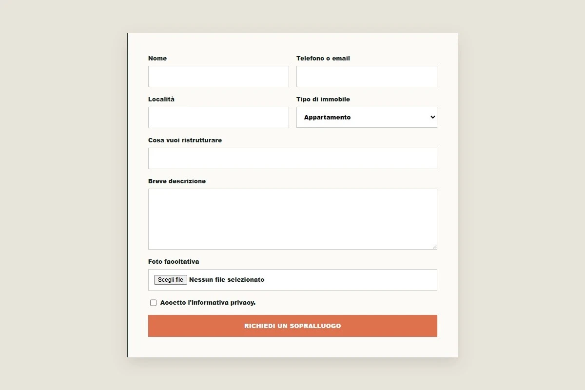 Sito Web professionale Cantiere Forma: modulo di richiesta di contatto