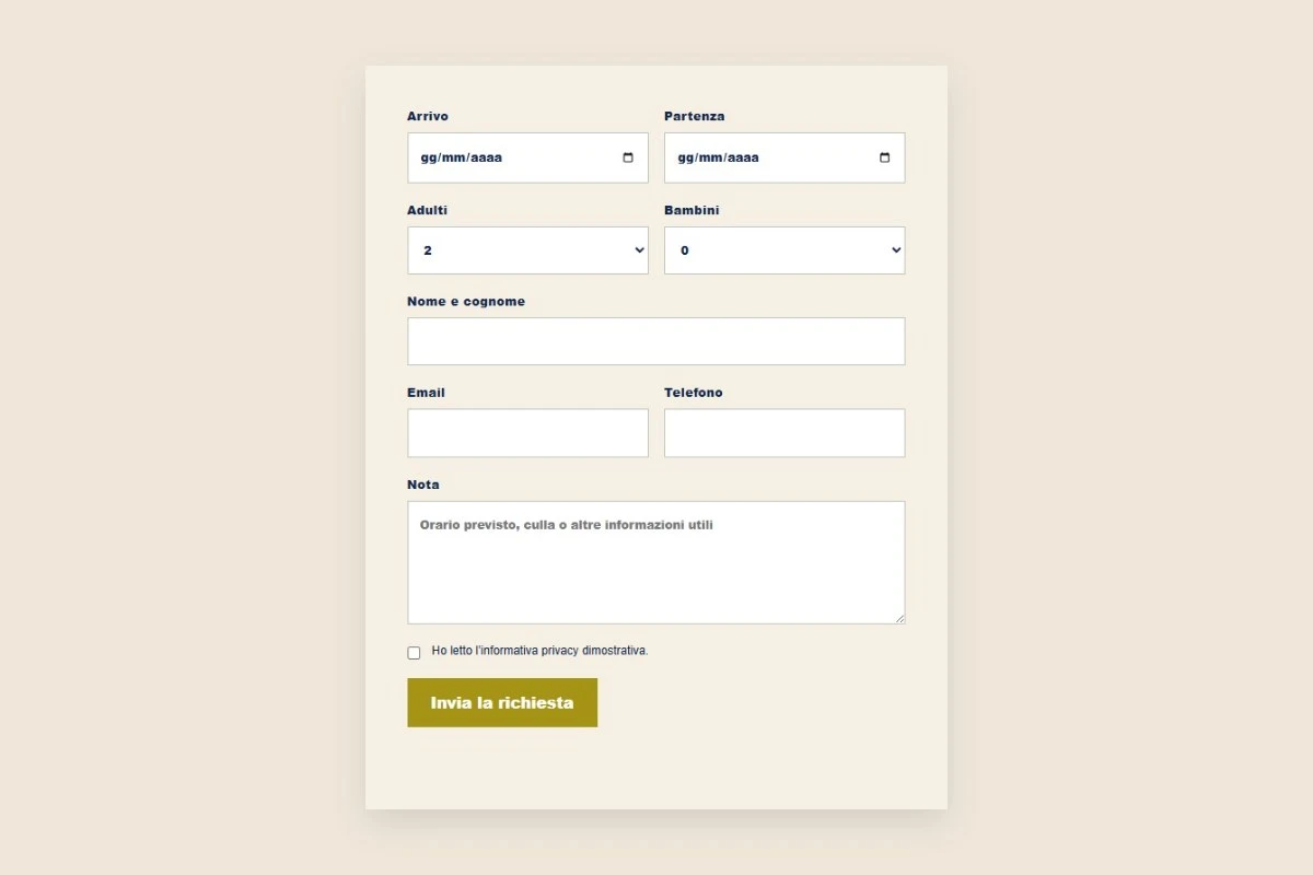 Sito Web professionale Casa Levante: modulo di richiesta disponibilità