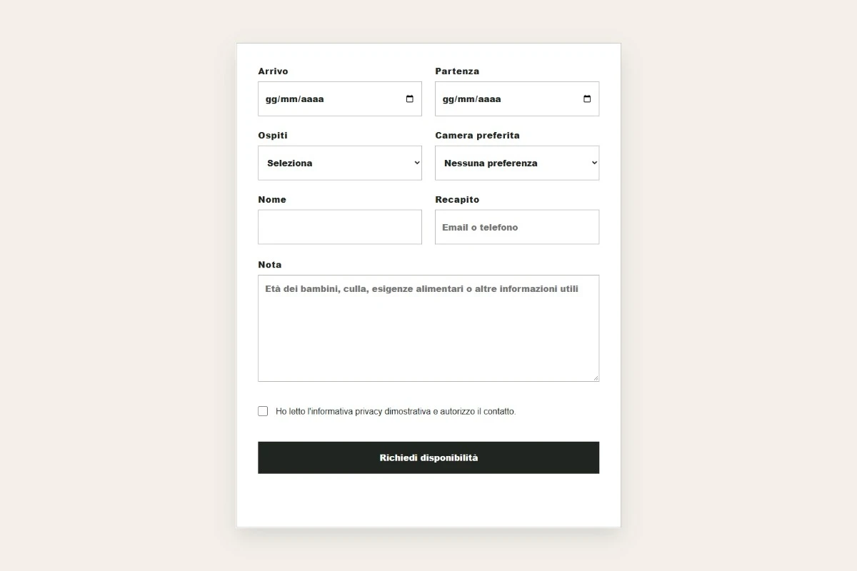 Sito Web professionale Casa Lieve: modulo di richiesta disponibilità