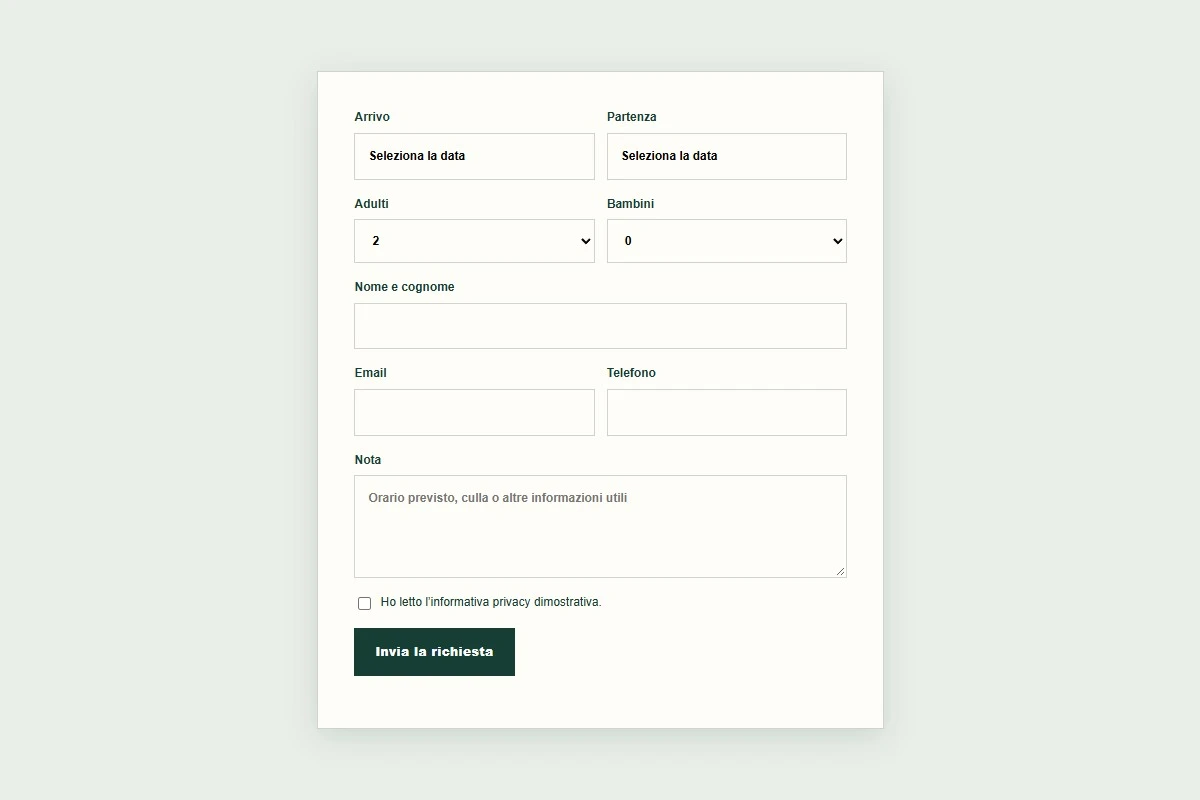 Sito Web professionale Casa Nerea: modulo di richiesta disponibilità