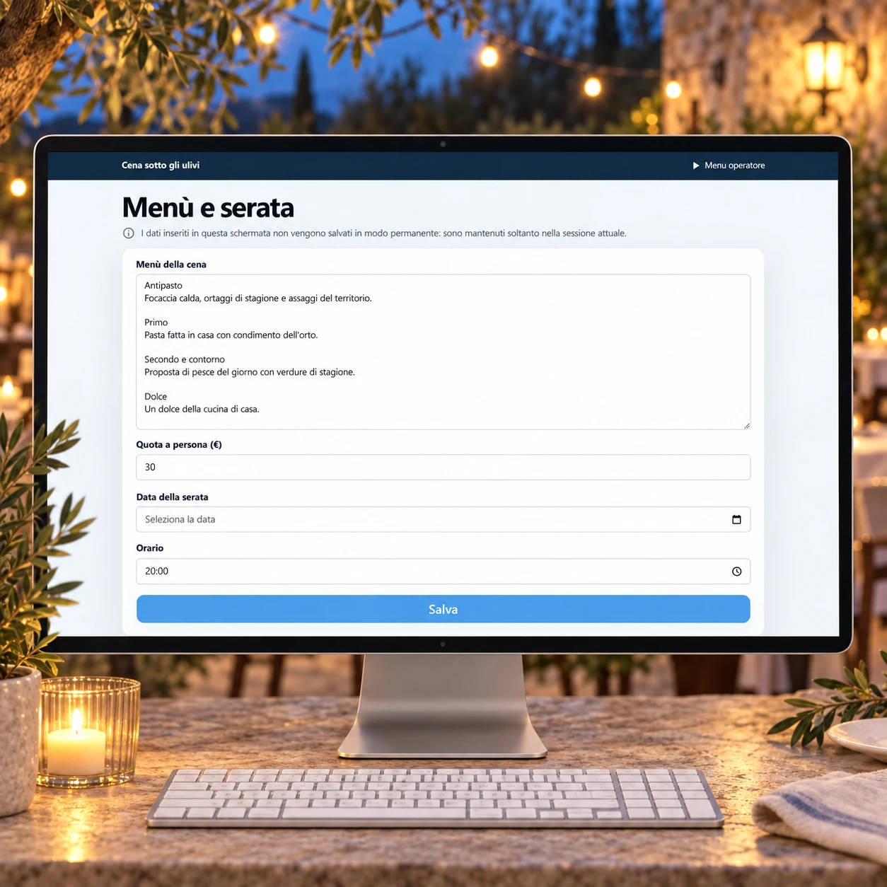 Area admin per aggiornare menù e orario della cena