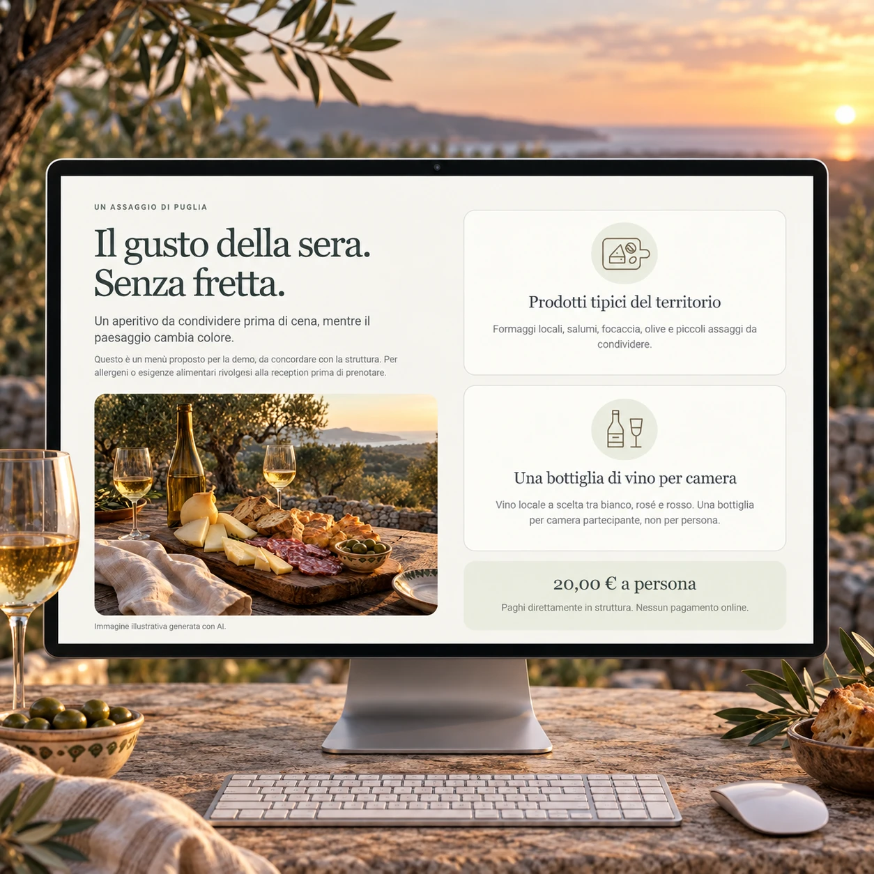 Menù aperitivo con prodotti tipici e vino per camera