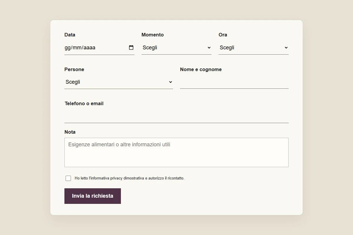 Sito Web professionale per ristoranti Civico Ventiquattro: modulo per chiedere un tavolo