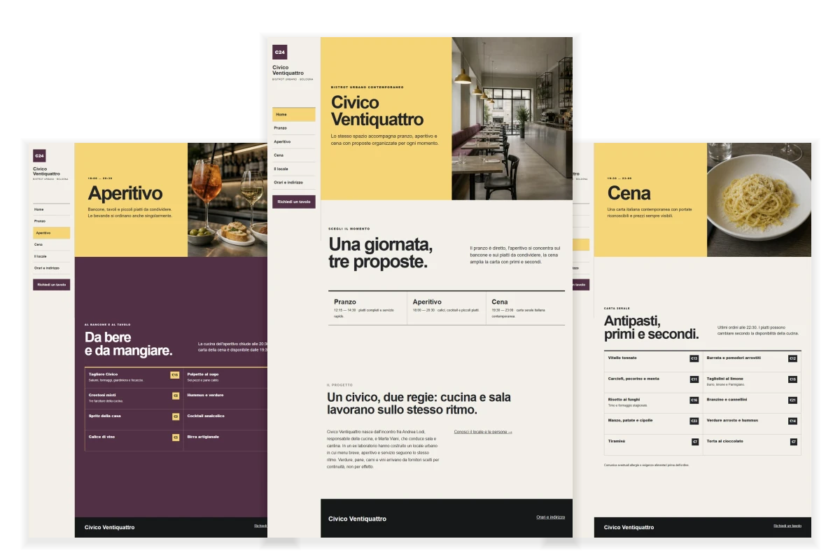 Sito Web professionale per ristoranti Civico Ventiquattro: homepage, aperitivo e cena