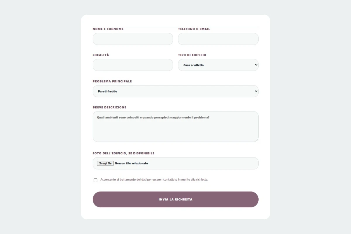 Sito Web professionale Civico Edile: modulo di richiesta di contatto