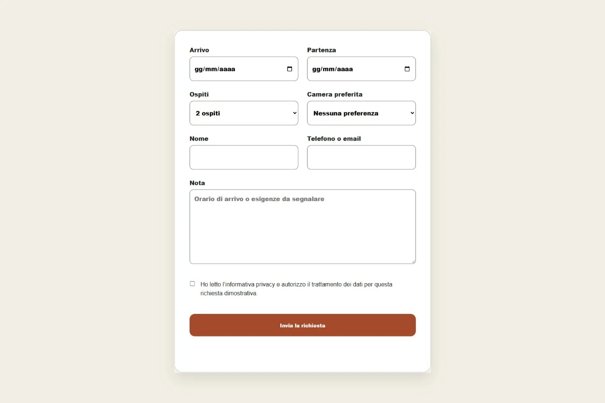 Sito Web professionale Da Lina: modulo di richiesta disponibilità