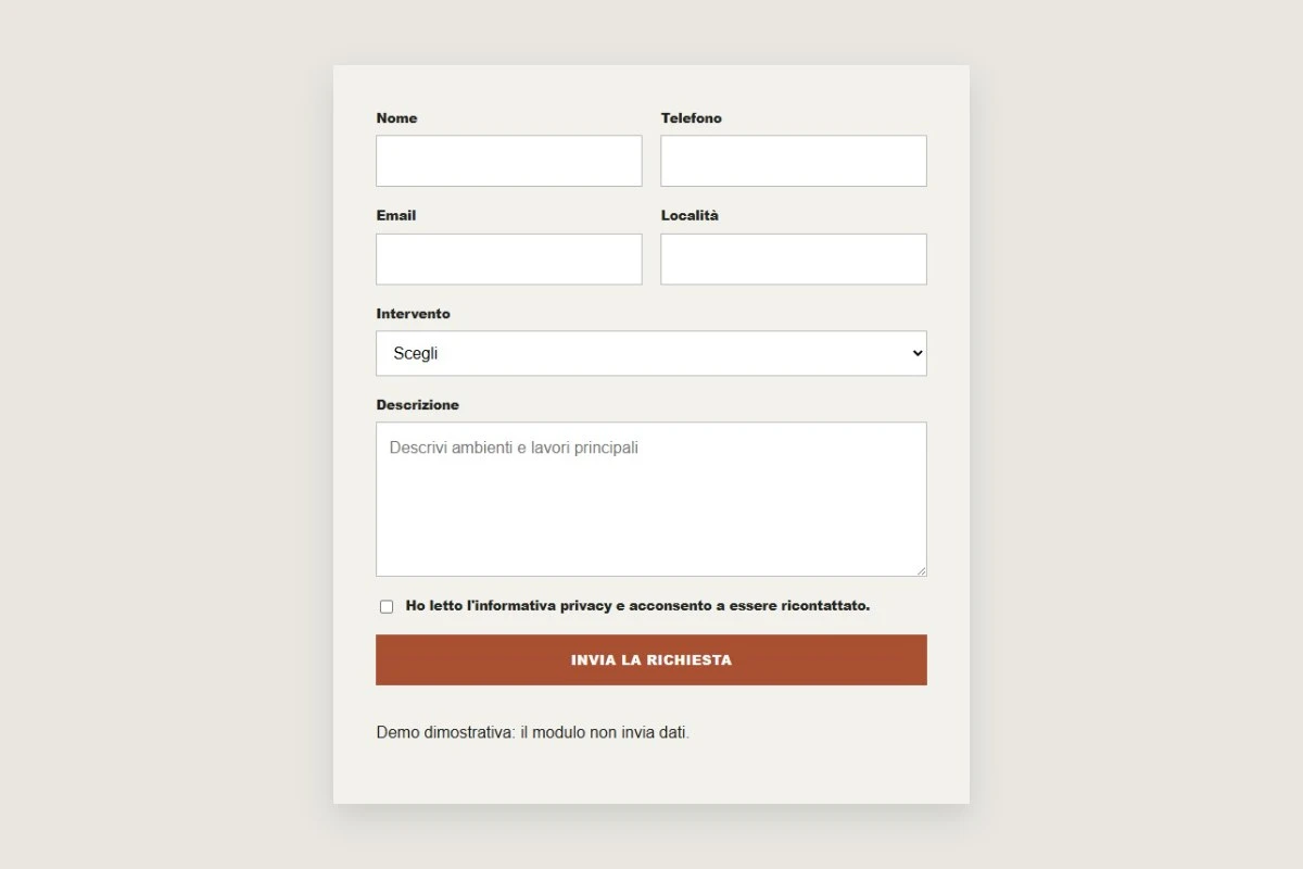 Sito Web professionale Di Felice Ristrutturazioni: modulo di richiesta di contatto