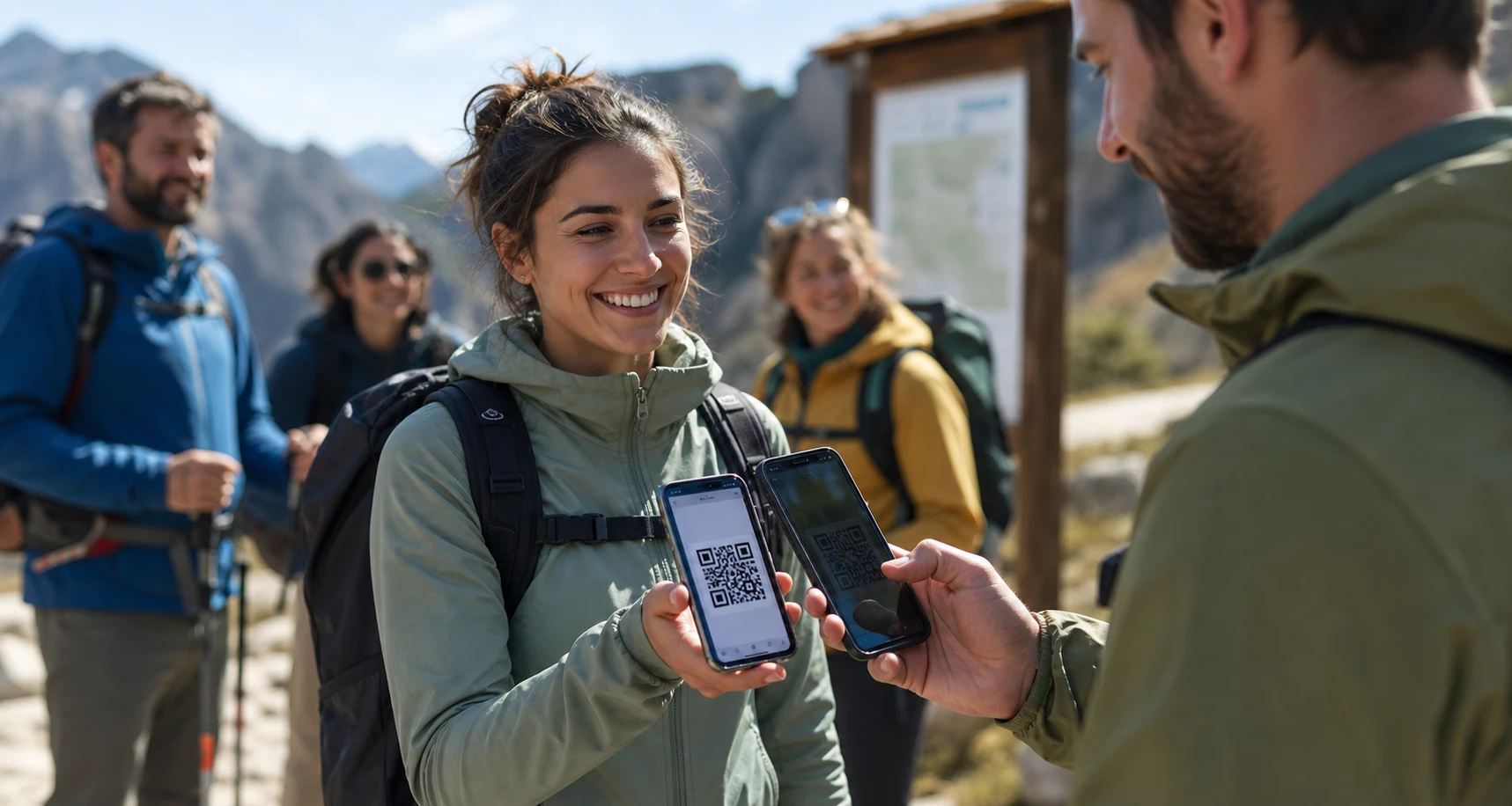 Escursionista che mostra il pass QR alla guida al punto di ritrovo