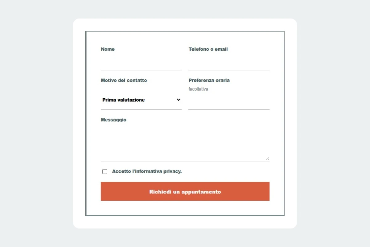 Sito Web professionale per fisioterapista Clean: modulo di richiesta di contatto