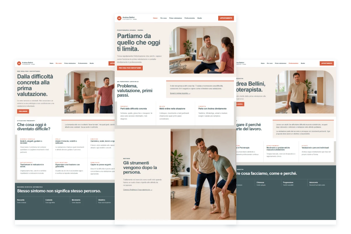 Sito Web professionale per fisioterapista Clean: aree di lavoro, valutazione, professionista e contatti