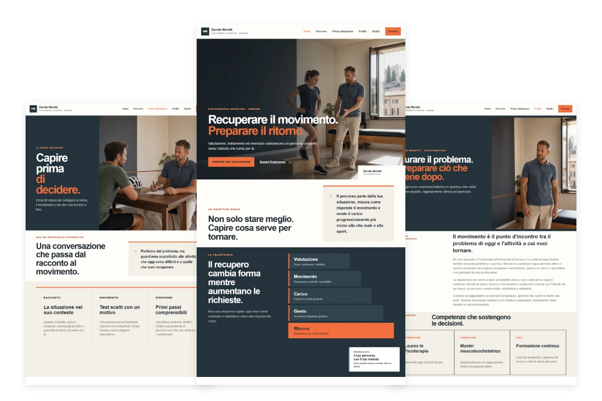 Sito Web professionale per fisioterapista Creativo: percorso, prima valutazione, profilo e studio