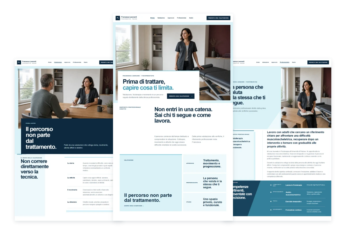Sito Web professionale per fisioterapista Elegante: valutazione, approccio, professionista e studio