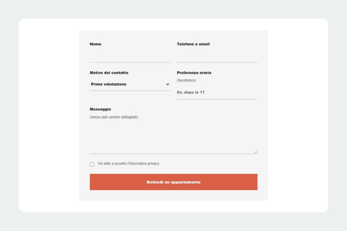 Sito Web professionale per fisioterapista Minimal: modulo di richiesta di contatto