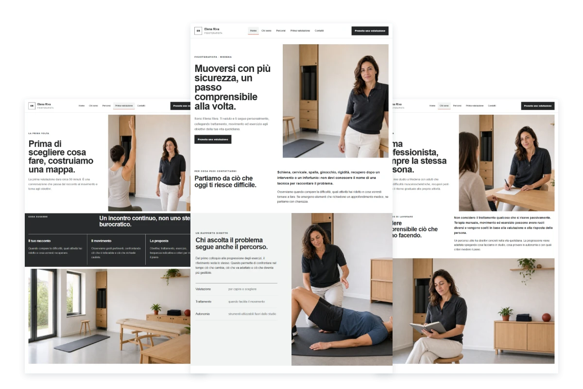 Sito Web professionale per fisioterapista Minimal: profilo professionale, percorsi, prima valutazione e contatti