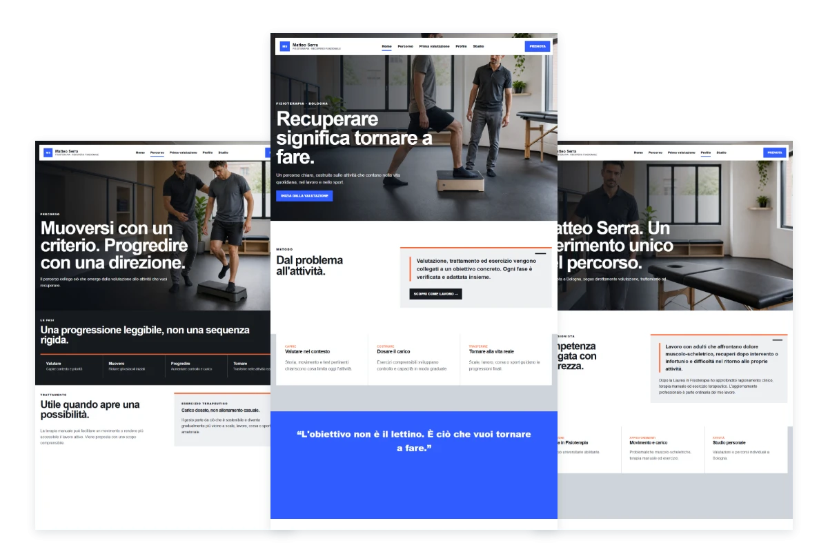 Sito Web professionale per fisioterapista Moderno: percorso, prima valutazione, profilo e studio