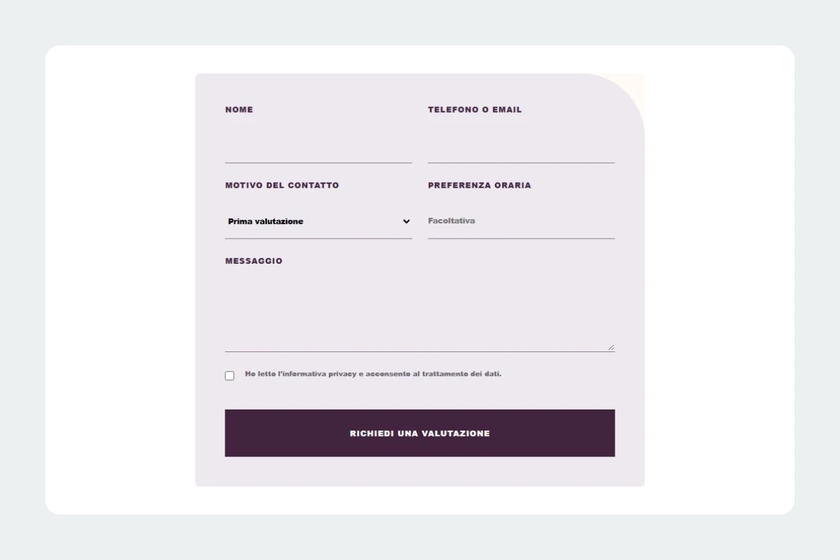 Sito Web professionale per fisioterapista Naturale: modulo di richiesta di contatto