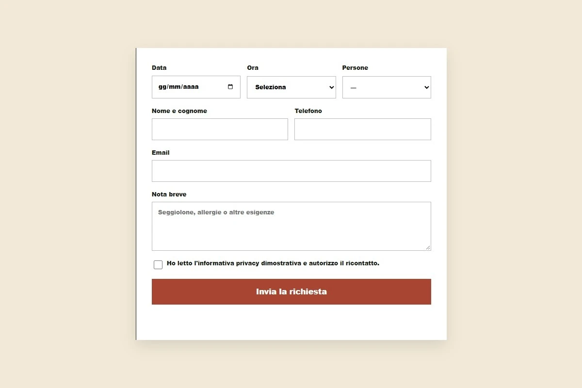 Sito Web professionale per ristoranti Forno Rosso: modulo per chiedere un tavolo