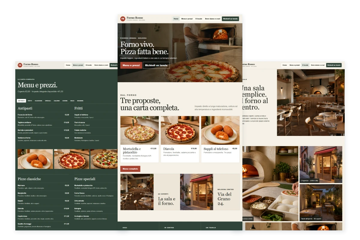 Sito Web professionale per ristoranti Forno Rosso: homepage, menu e locale