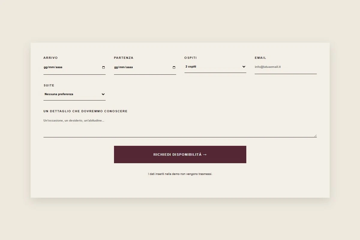 Sito Web professionale Dimora Ardea: modulo di richiesta disponibilità