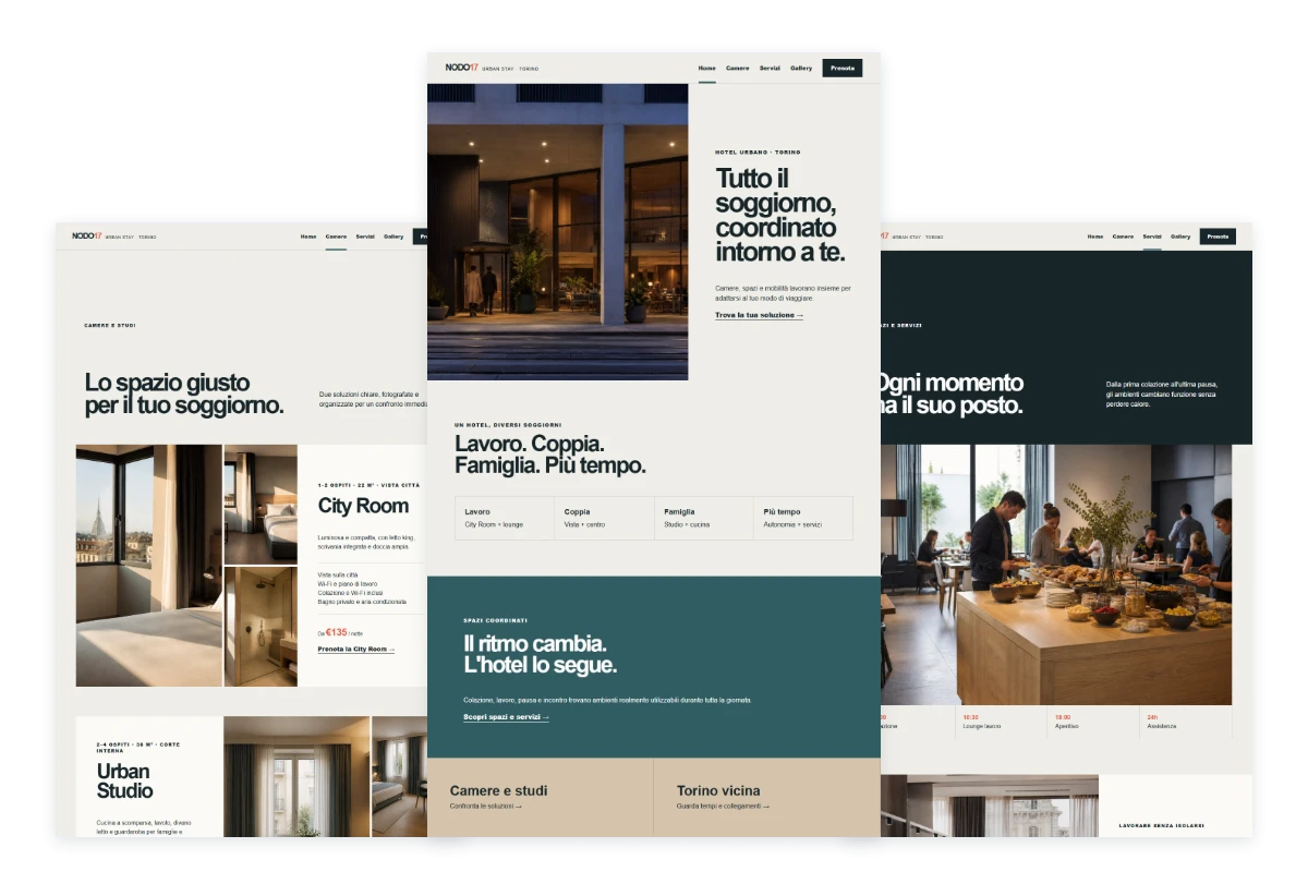 Sito Web professionale Nodo 17: homepage, camere e servizi dell'hotel