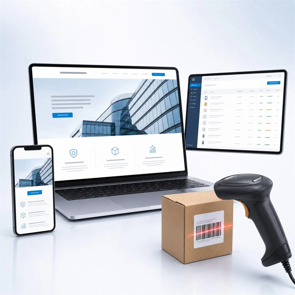 Mockup del catalogo WAINET con Sito Web responsive, Software online e lettore barcode