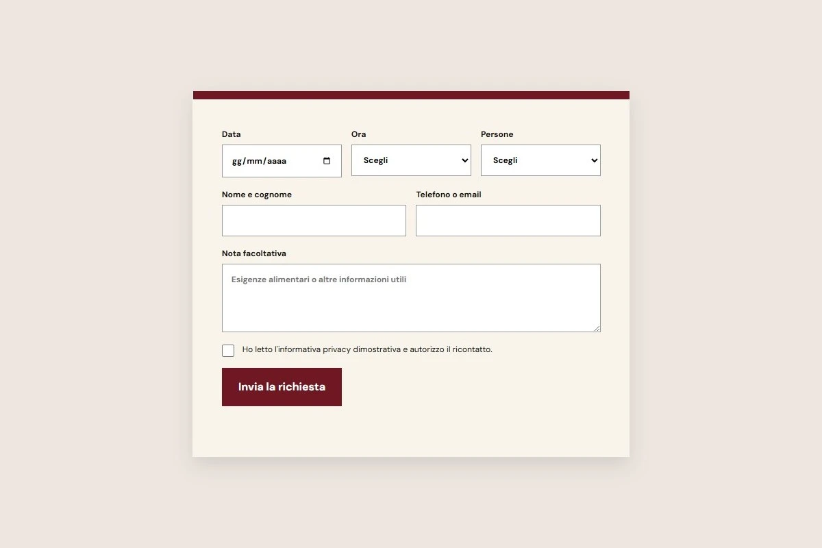 Sito Web professionale per ristoranti La Stanza Rossa: modulo per chiedere un tavolo